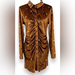 NWOT House of Harlow 1960 Brown Floral Ruched Velvet Long Sleeve Mini Dress Sz S